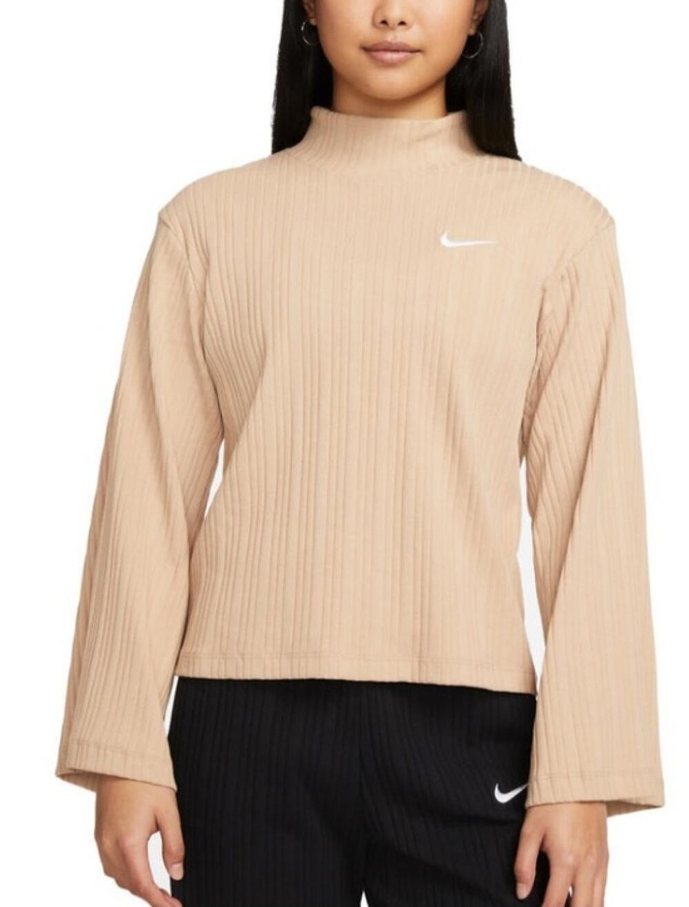 Nike Women's Tan Ribbed Mock Neck Top with Flared Sleeves Sz M